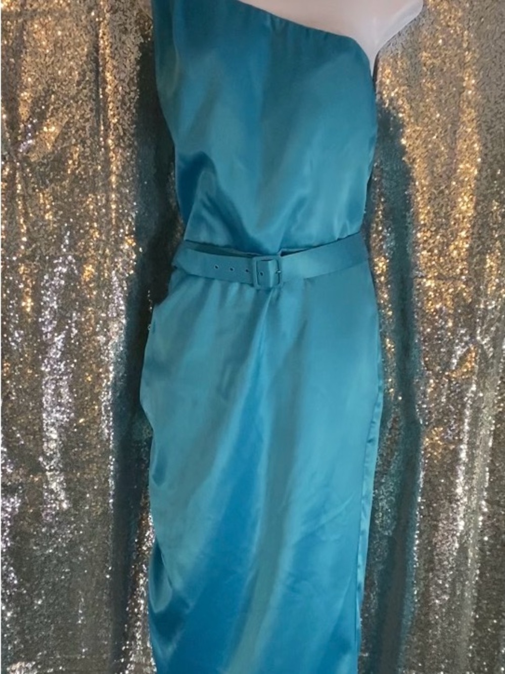 💎✨ PINUP COUTURE TURQUOISE ONE-SHOULDER SATIN MIDI DRESS ✨💎